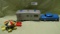 VINTAGE TIN FRICTION TOY CAR W/CAMPER, TIN TOY TABLE/SEATS
