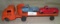 STRUCTO TOYS STEEL FLATBED TRACTOR TRAILER W/TWO STRUCTO TOY TRUCKS
