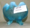FENTON BLUE OPALESCENT DRAPERY FOOTED ROSE BOWL W/LOGO