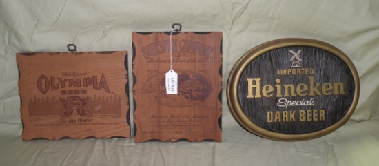 3 WOODEN, PLASTIC LIQUOR/BEER ADVERTISING SIGNS