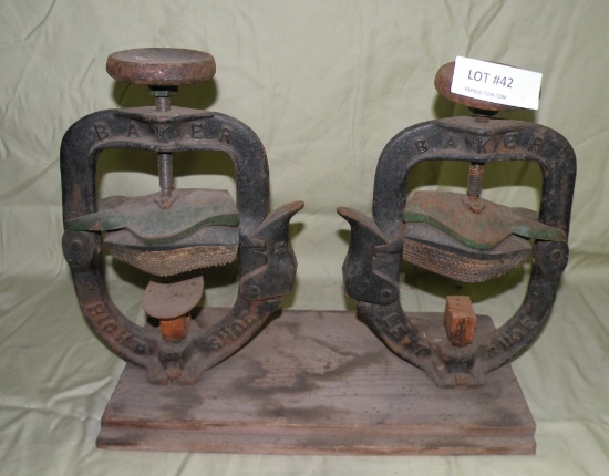 PAIR PRIMITIVE BAKER CAST IRON SHOE REPAIR STANDS - LEFT, RIGHT SHOE