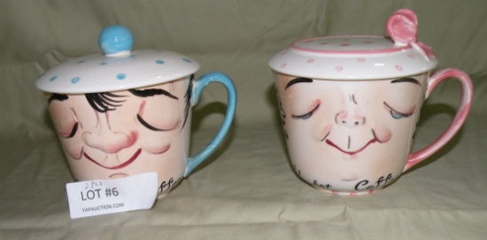 PAIR VINTAGE CERAMIC LIDDED COFFEE MUGS