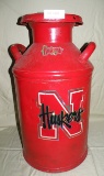 PRIMITIVE METAL MILK CAN W/LID - HUSKERS DECORATED - WILL NOT SHIP