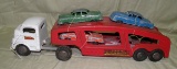STRUCTO PRESSED METAL AUTO TRANSPORT TRACTOR/TRAILER W/4 CARS