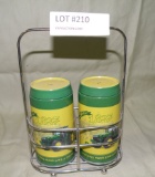 TIN JOHN DEERE SALT/PEPPER SET W/CARRIER