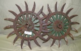 PAIR PRIMITIVE METAL ROTARY HOE COULTER WHEELS