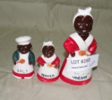 3 PC. BLACK AMERICANA CERAMIC SHAKER SET - SALT, PEPPER, VINEGAR