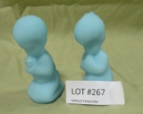 FENTON BLUE SATIN GLASS PRAYING BOY, GIRL FIGURINES