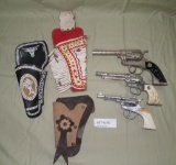3 TOY CAP GUNS, 3 HOLSTERS