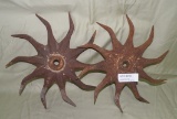PAIR PRIMITIVE METAL ROTARY HOE COULTER WHEELS