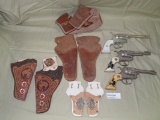 3 TOY CAP GUN PISTOLS, 4 LEATHER HOLSTER SETS