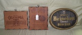 3 WOODEN, PLASTIC LIQUOR/BEER ADVERTISING SIGNS