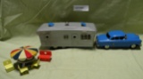 VINTAGE TIN FRICTION TOY CAR W/CAMPER, TIN TOY TABLE/SEATS