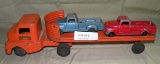 STRUCTO TOYS STEEL FLATBED TRACTOR TRAILER W/TWO STRUCTO TOY TRUCKS