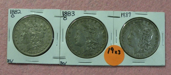 1882-O, 1883-O, 1889 MORGAN SILVER DOLLARS - 3 TIMES MONEY