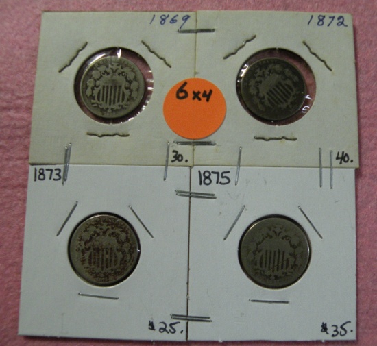 1869, 1872, 1873, 1875 SHIELD NICKELS - 4 TIMES MONEY