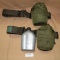 3 CANTEENS, 2 CANTEEN POUCH HOLDERS - SOME MARKED U.S.