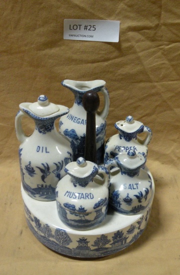 VINTAGE BLUE/WHITE CERAMIC CRUET SET