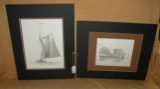 2 BOAT THEMED NUMBERED PENCIL SKETCHES