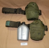 3 CANTEENS, 2 CANTEEN POUCH HOLDERS - SOME MARKED U.S.