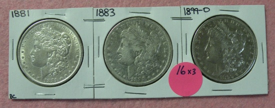 1881, 1883, 1899-O MORGAN SILVER DOLLARS - 3 TIMES MONEY