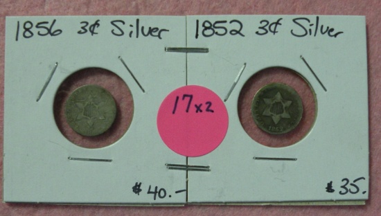 1852, 1856 SILVER THREE CENT PIECES - 2 TIMES MONEY