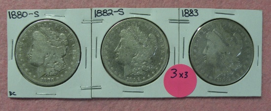 1880-S, 1882-S, 1883 MORGAN SILVER DOLLARS - 3 TIMES MONEY