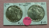 1922-S, 1925 SILVER PEACE DOLLARS - 2 TIMES MONEY