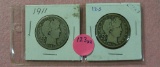 1911, 1912-S BARBER HALF DOLLARS - 2 TIMES MONEY