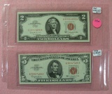 1963 TWO, FIVE DOLLAR NOTES - RED SEAL - 2 TIMES MONEY