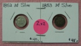 1852, 1853 SILVER THREE CENT PIECES - 2 TIMES MONEY