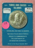 1974 TURKS AND CAICOS ISLANDS STERLING SILVER 20 CROWN