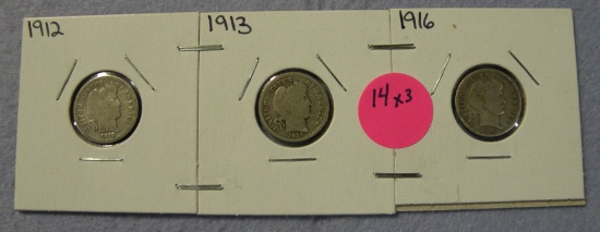 1912, 1913, 1916 BARBER DIMES - 3 TIMES MONEY