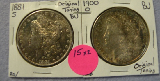 1881-S TONED, 1900-O TONED MORGAN SILVER DOLLARS - 2 TIMES MONEY