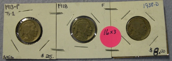 1913 TYPE 1, 1918, 1938-D BUFFALO NICKELS - 3 TIMES MONEY