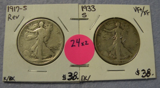 1917-S REVERSE, 1933-S WALKING LIBERTY HALF DOLLARS - 2 TIMES MONEY