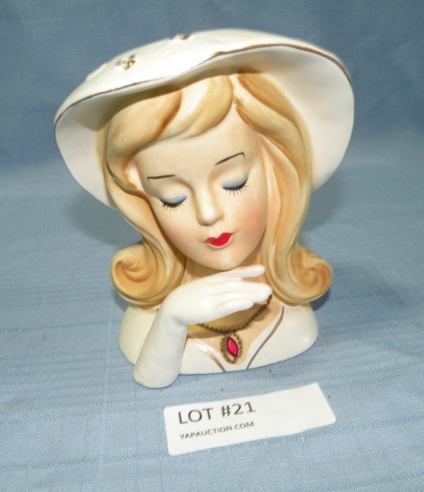 VTG. LEFTON CERAMIC JEWELED LADY HEAD VASE - NO. 2251