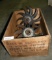 SCOTCH WHISKEY WOODEN SHIPPING CRATE W/PAIR CAST IRON ROTARY HOE BLADES
