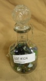 SMALL GLASS DECANTER W/ASSORTED MARBLES