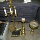 BRASS STYLE FIREPLACE TOOL SET, CANDLE HOLDER, PLANT STAND - WILL NOT SHIP