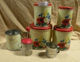 VTG. KITCHEN CANISTERS, SIFTERS, NUT CHOPPER