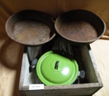 WOOD BOX W/2 SIFTING PANS AND ONE LIDDED PAN