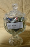 LIDDED CLEAR GLASS CANDY DISH W/MARBLES