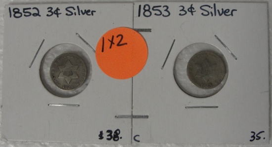 1852, 1853 SILVER THREE CENTS - 2 TIMES MONEY