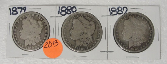 1879, 1880, 1887 MORGAN SILVER DOLLARS - 3 TIMES MONEY