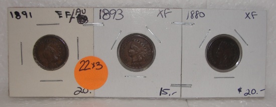 1880, 1891, 1893 INDIAN HEAD PENNIES - 3 TIMES MONEY