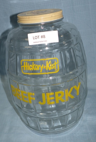 HICKORY KIST GLASS BEEF JERKY BARREL JAR W/LID