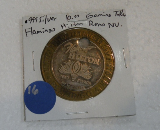 SILVER 10 DOLLAR GAMING TOKEN - FLAMINGO HILTON, RENO NEVADA