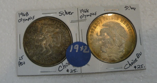 2 SILVER 1968 OLYMPICS 25 PESOS MEXICO COINS - 2 TIMES MONEY