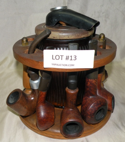 TOBACCO STAND W/GLASS JAR, 7 PIPES